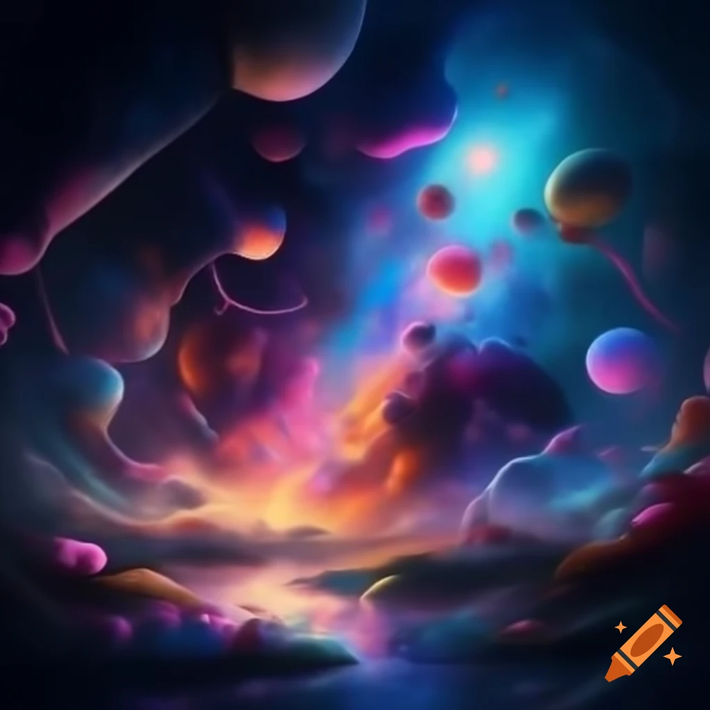 Surrealist painting of vibrant dreamscape with unusual shapes and colors