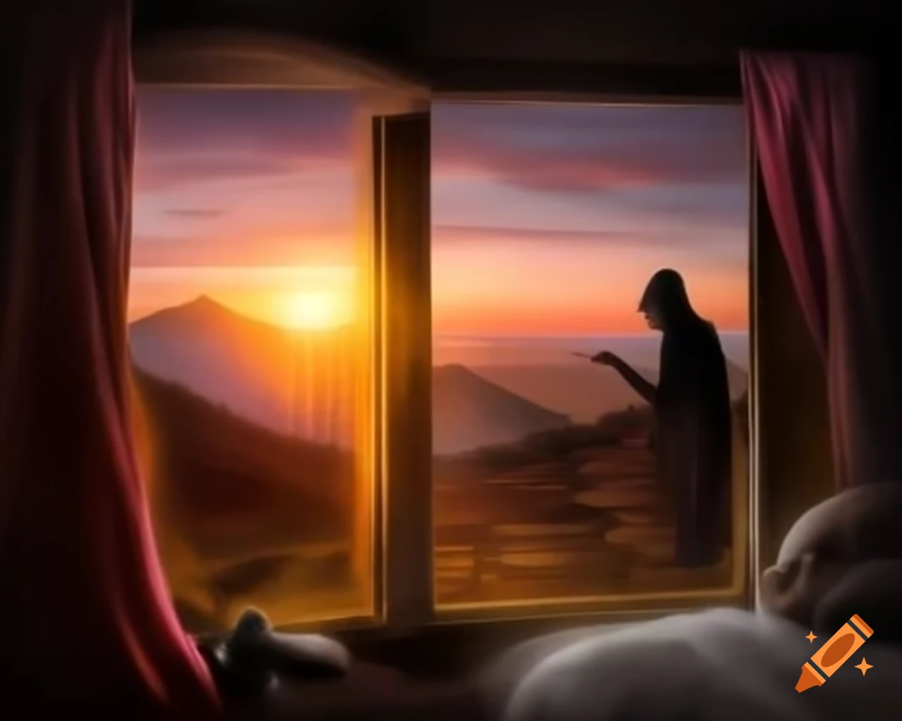 Black sunrise over mountains with silhouettes of humans