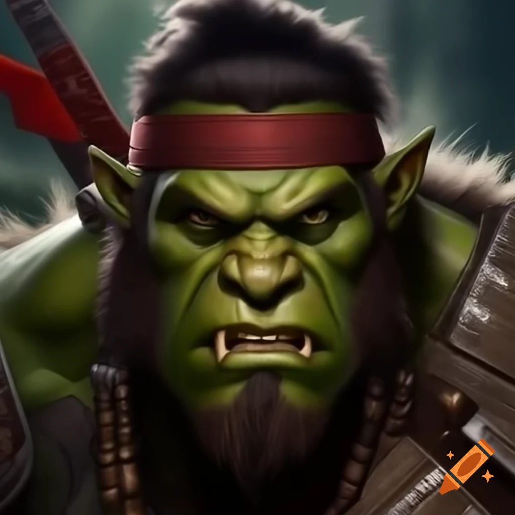 Hulking orc barbarian protecting tribe, wearing red war headband with eagle crest