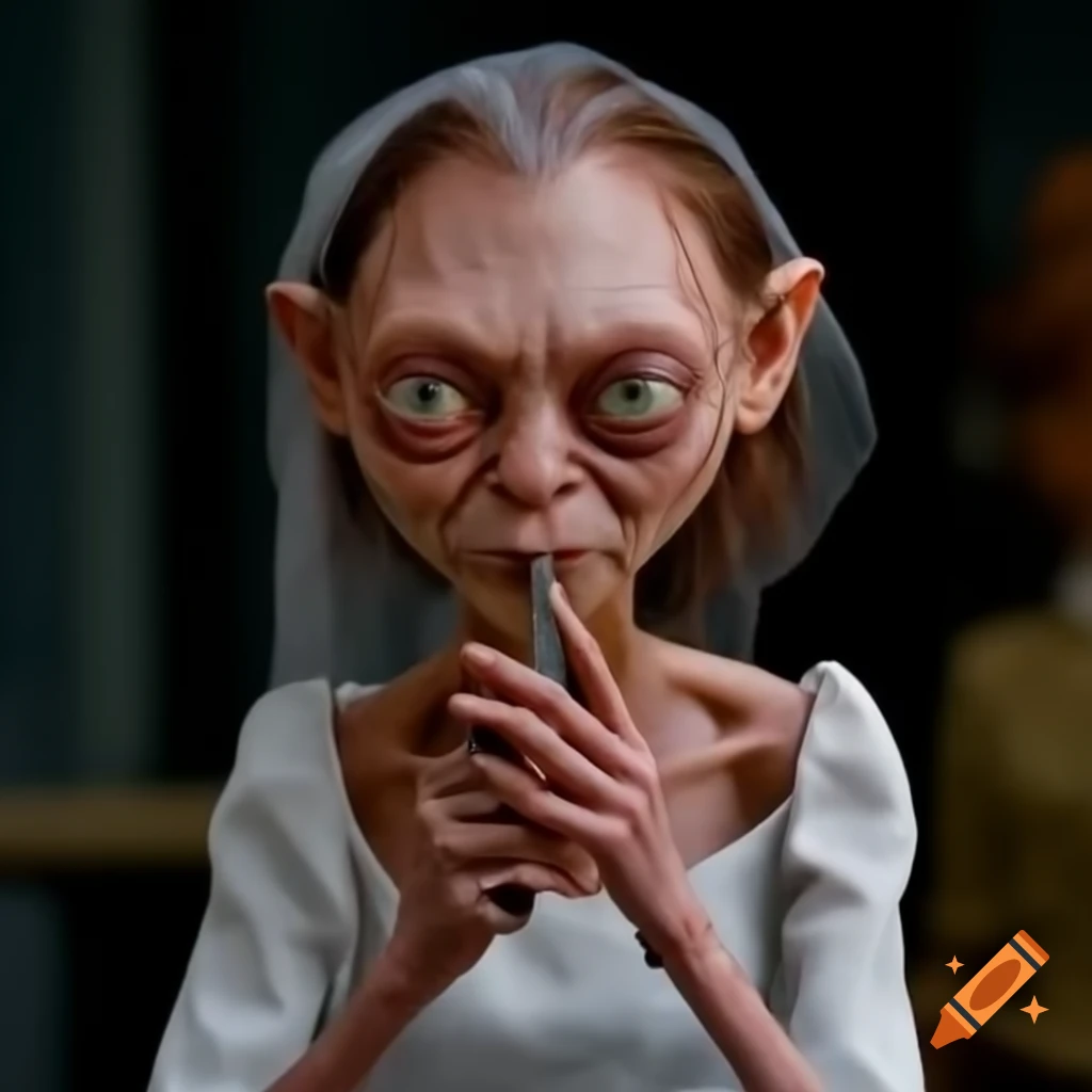 Gollum in bridal dress smoking pipe, humorous depiction