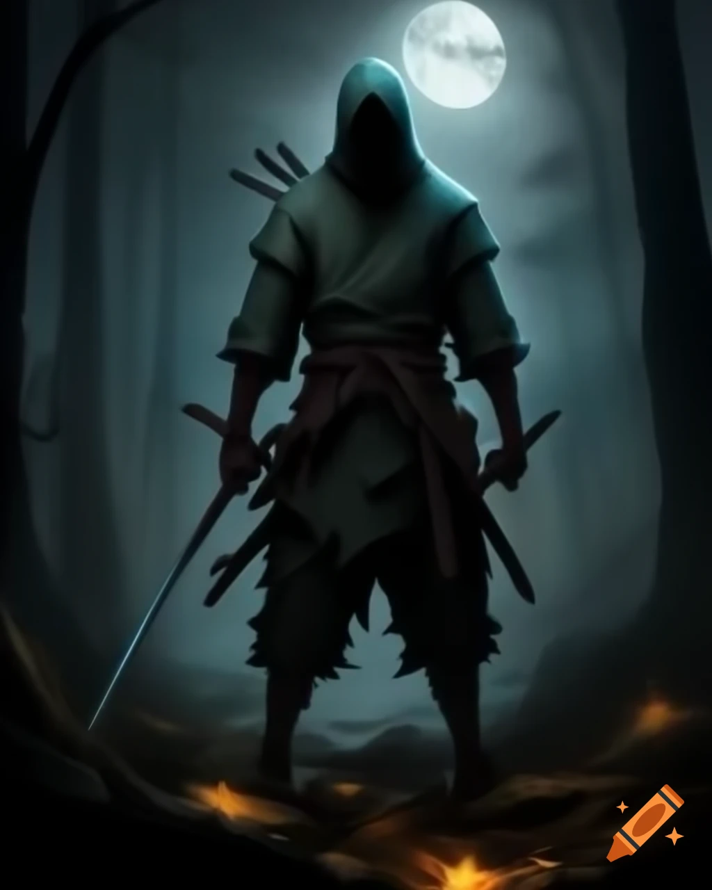 Ninja battle in forest under moonlight during fall, dark fantasy theme