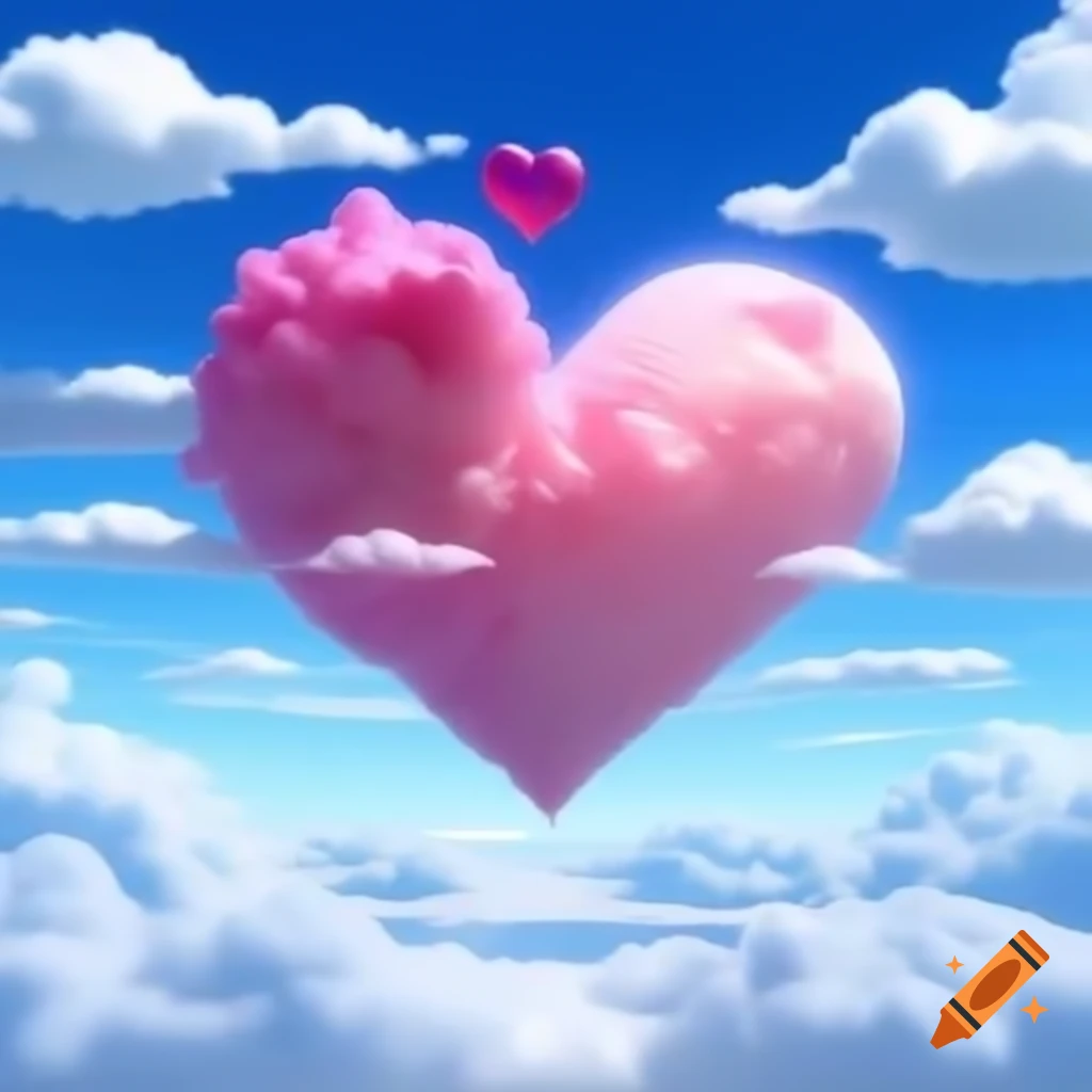 Pop surreal 2000's photography featuring anime heart in bright sky
