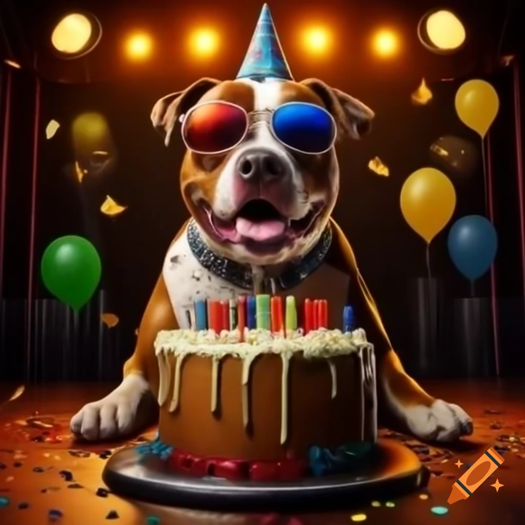 Smiling Pit Bull dog on a music tour stage with party hat and sunglasses