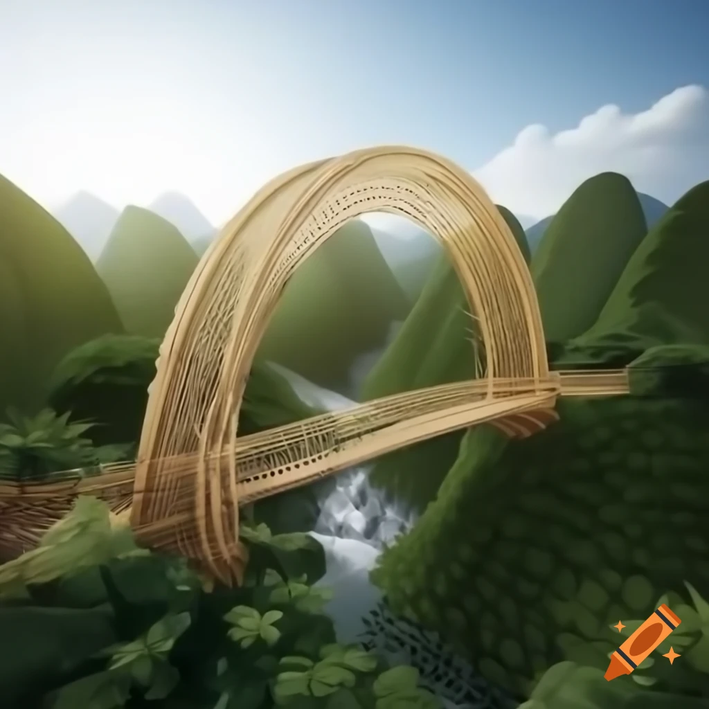 Bamboo arch bridge in lush green valley