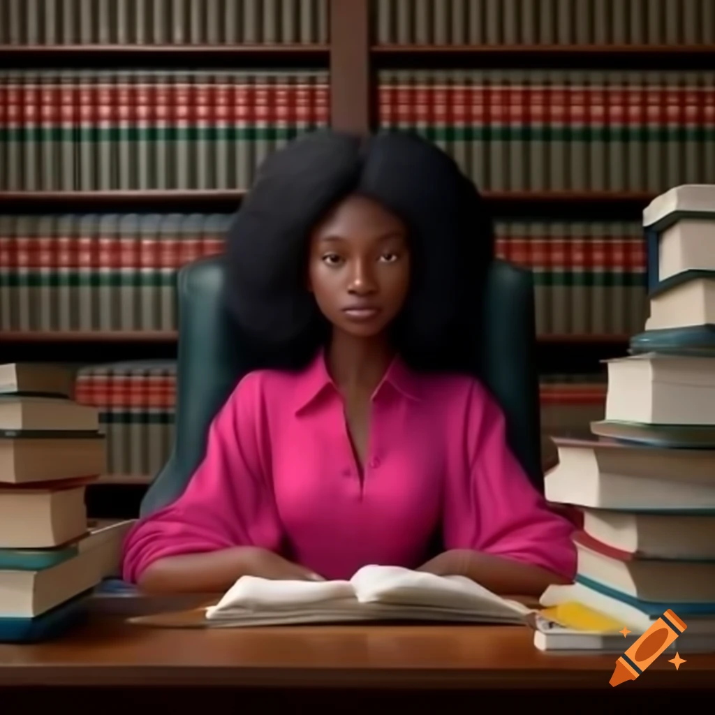 Black woman in pink outfit studying at desk with law books