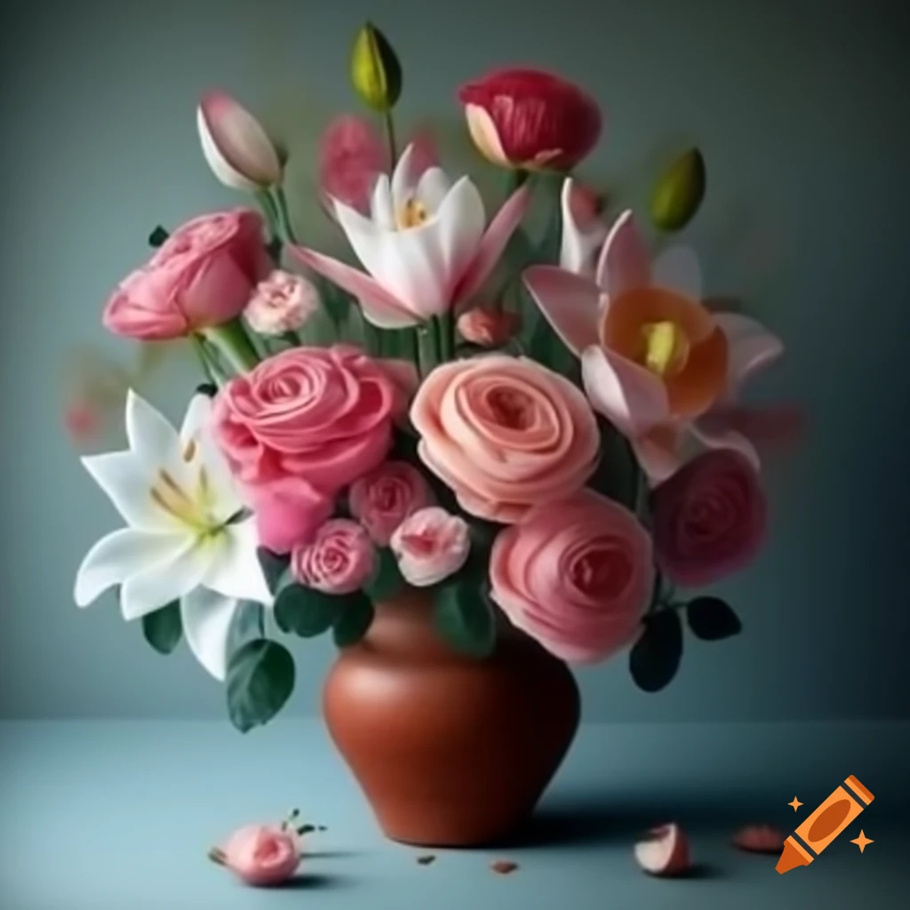 Vibrant arrangement of blooming roses, lilies, and lotus flowers in a terracotta pot