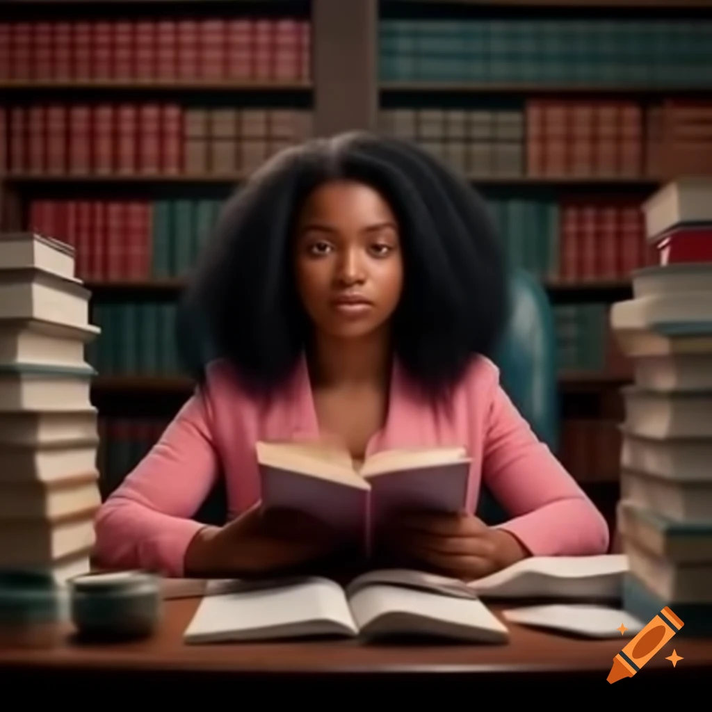 Black woman in pink outfit studying at desk with law books