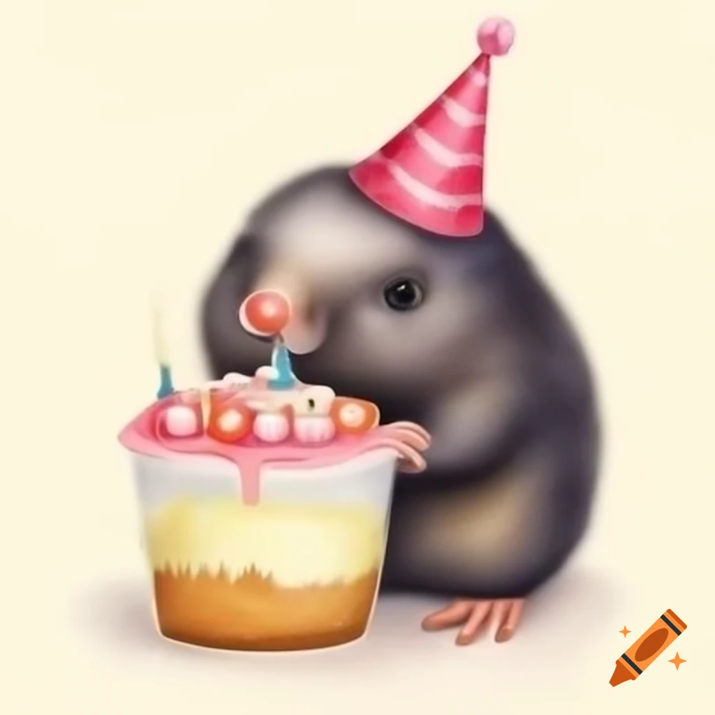 Tiny mole wearing birthday hat holding beaker filled with cake