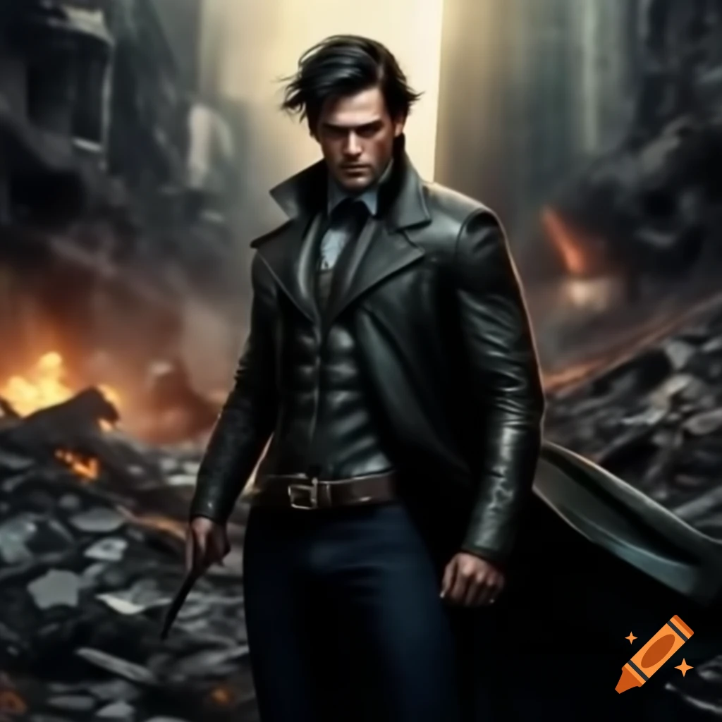 Young apocalypse superhero with dark hair posing on city rubble
