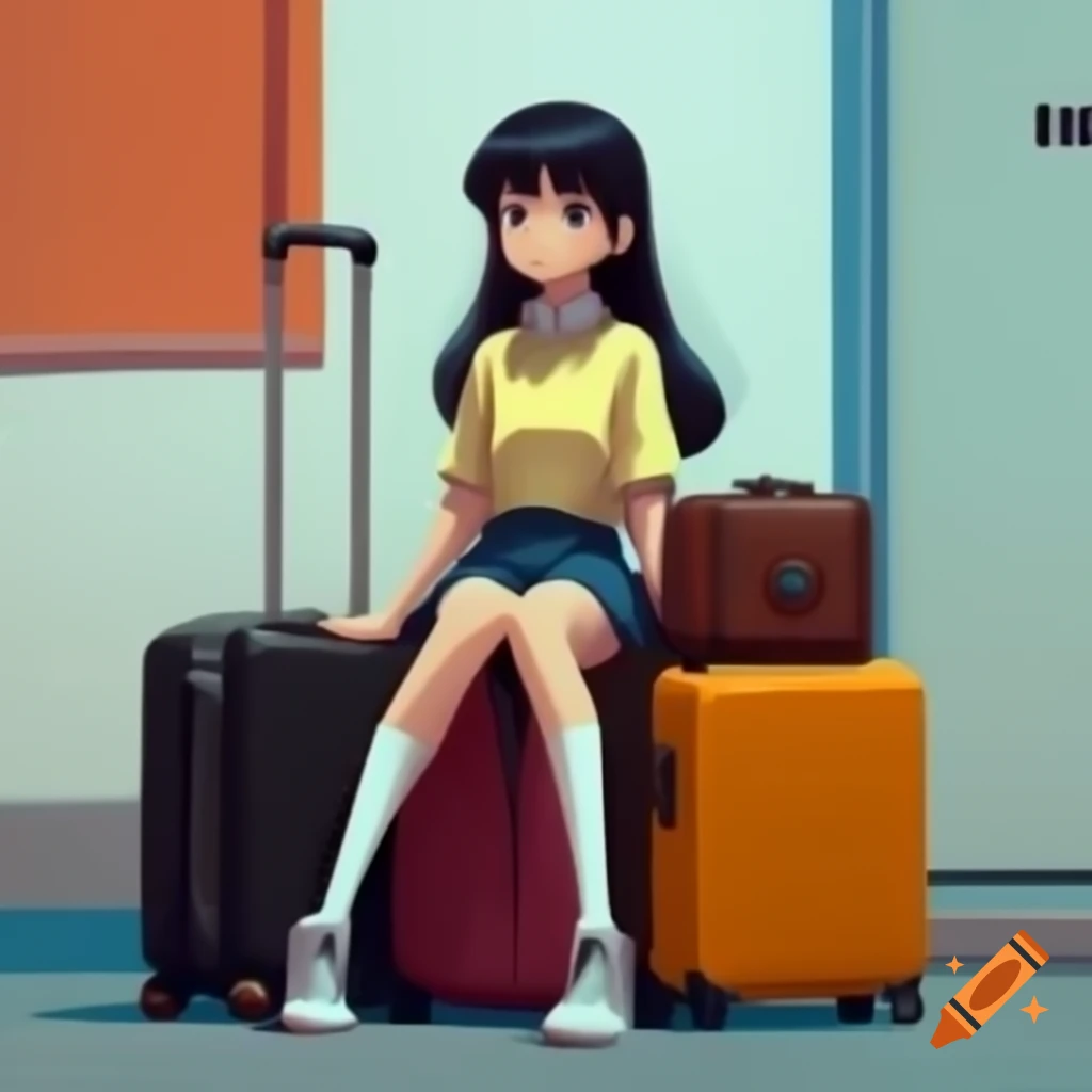 Anime girl sitting on colorful suitcases