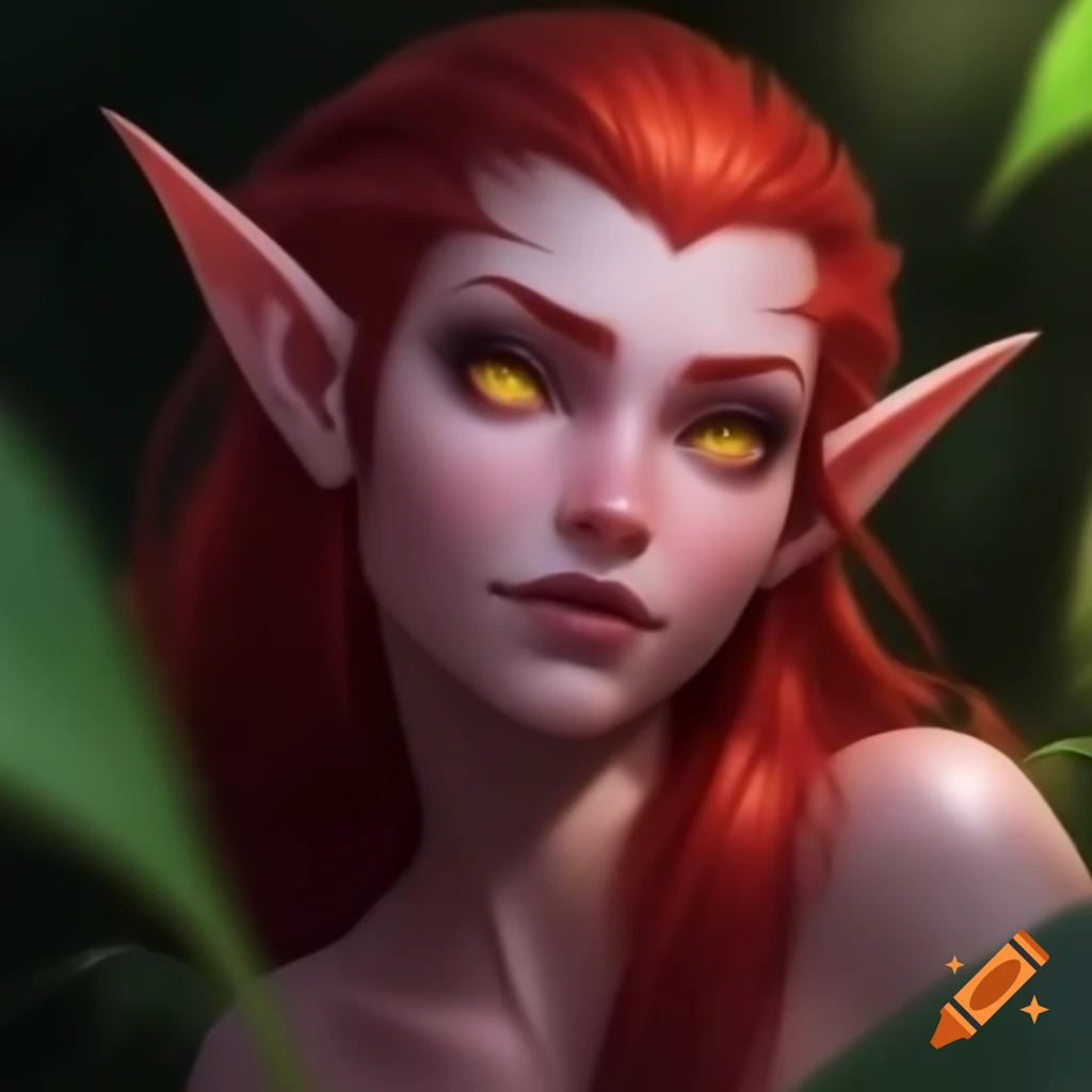 High half-elf Dungeons and Dragons character with red hair and jungle background