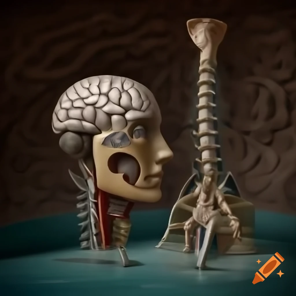 Surreal 3D brain and spinal column, half mechanical, half organic in a vat