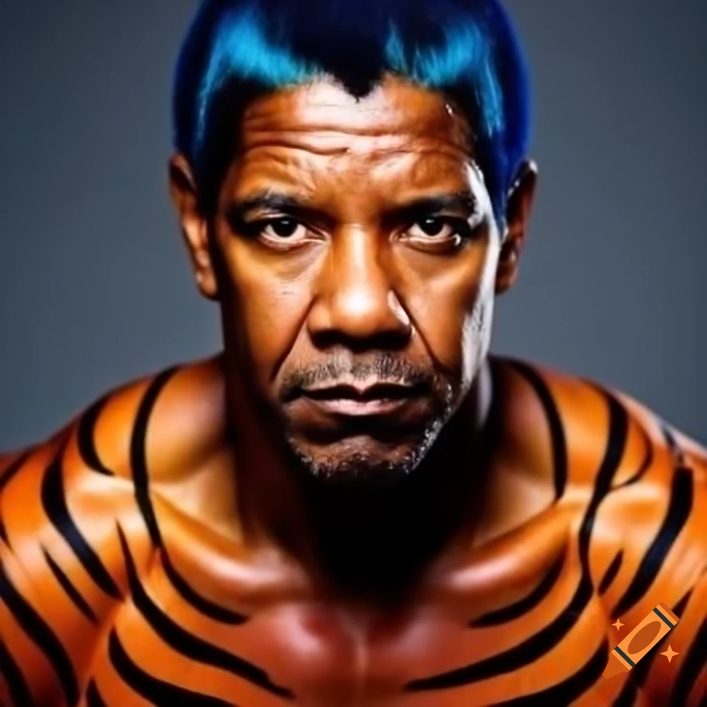Muscular figure with tiger-style makeup featuring blue hair and orange skin