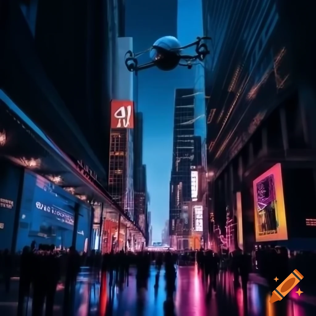 Crowded megacity street at night with holographic ads and contrasting buildings