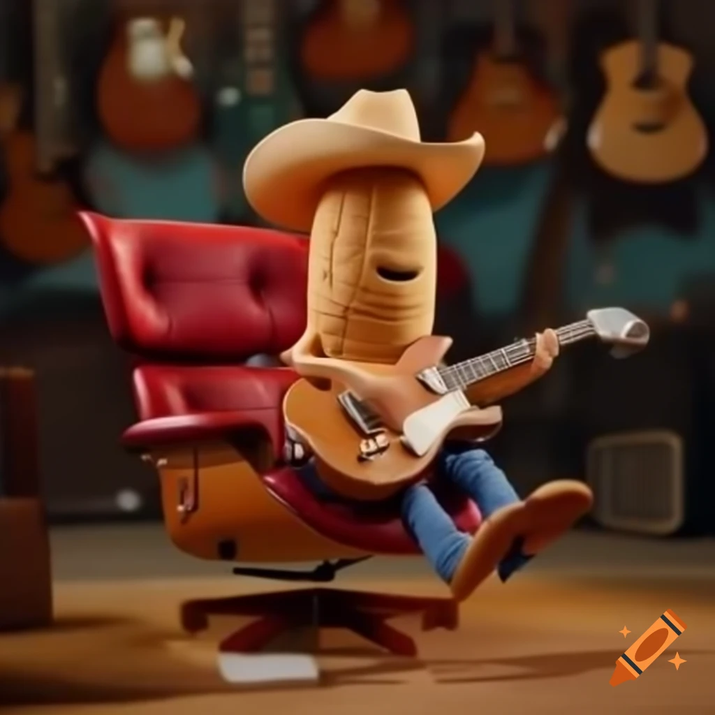 Peanut in cowboy hat on Eames chair playing electric guitar