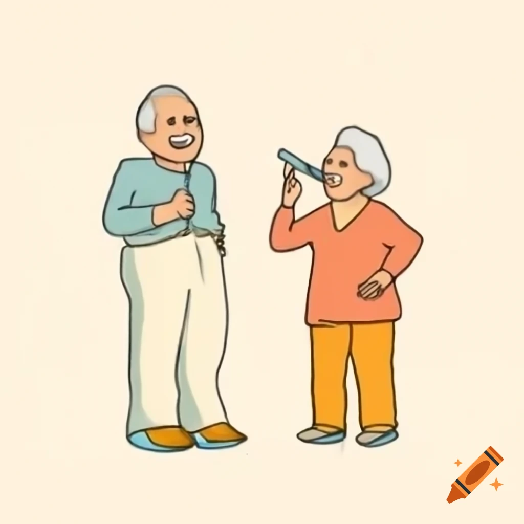 Vintage illustration of grandparents brushing teeth side-by-side, warm colors