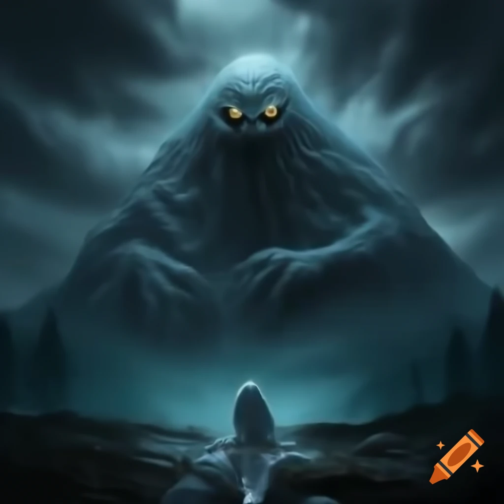 Ghost monster on mountain top during dark rainy weather