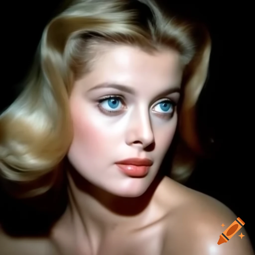 Hyper-realistic color photograph of a beautiful European actress from 1963 with porcelain skin and blue eyes