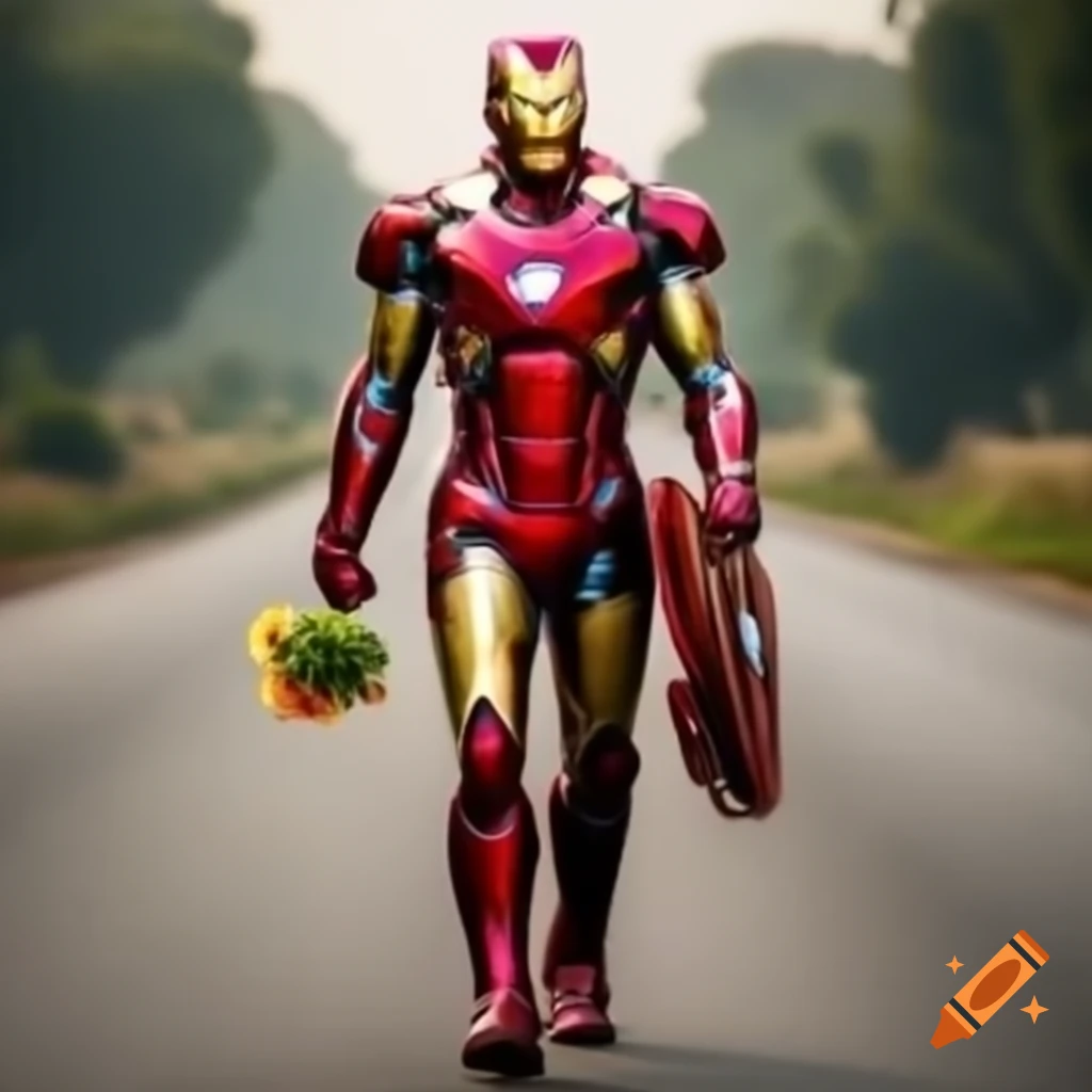 Iron Man walking on Indian roads of Banaras holding a flower and wearing a lungi