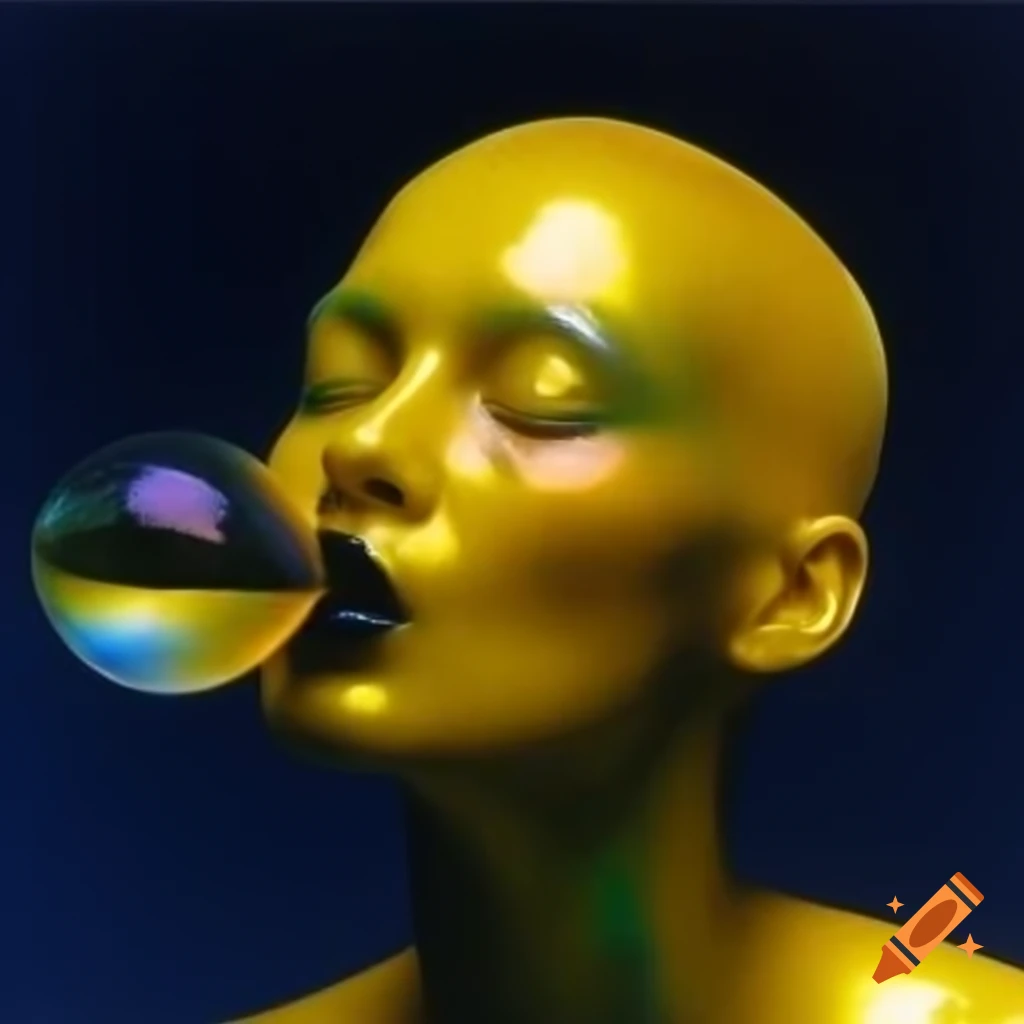 Iridescent yellow glass statue in pop surreal 2000's photography style