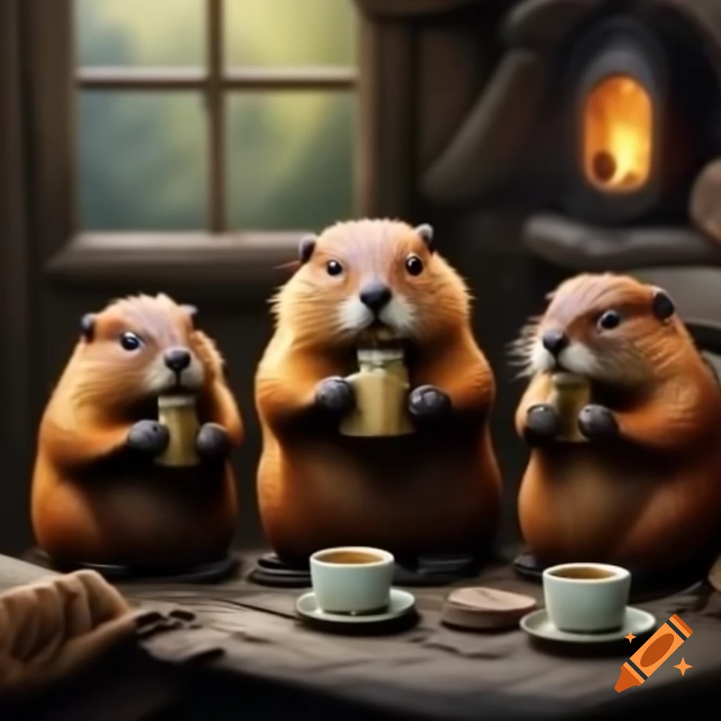 Three beavers enjoying tea inside a log cabin