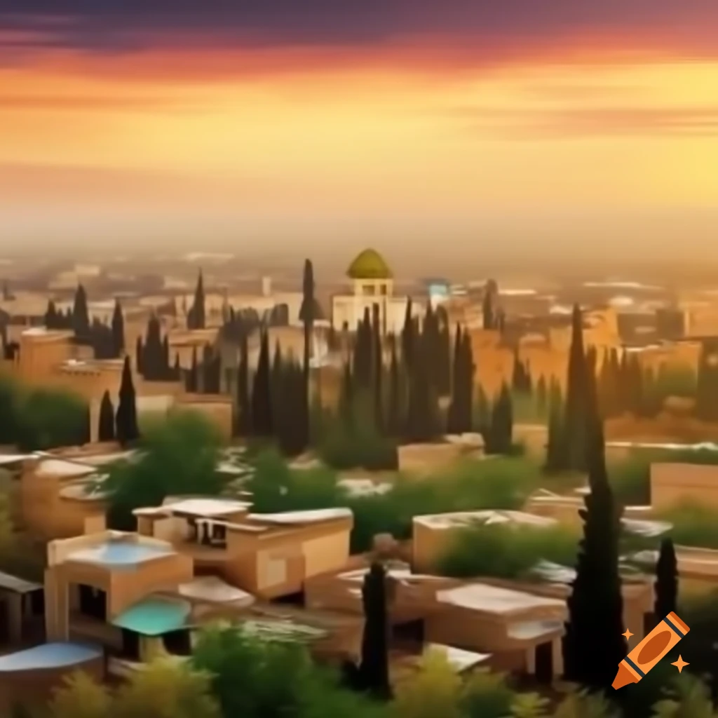 Shiraz skyline with cypress trees at sunrise, colorful blocky oil painting