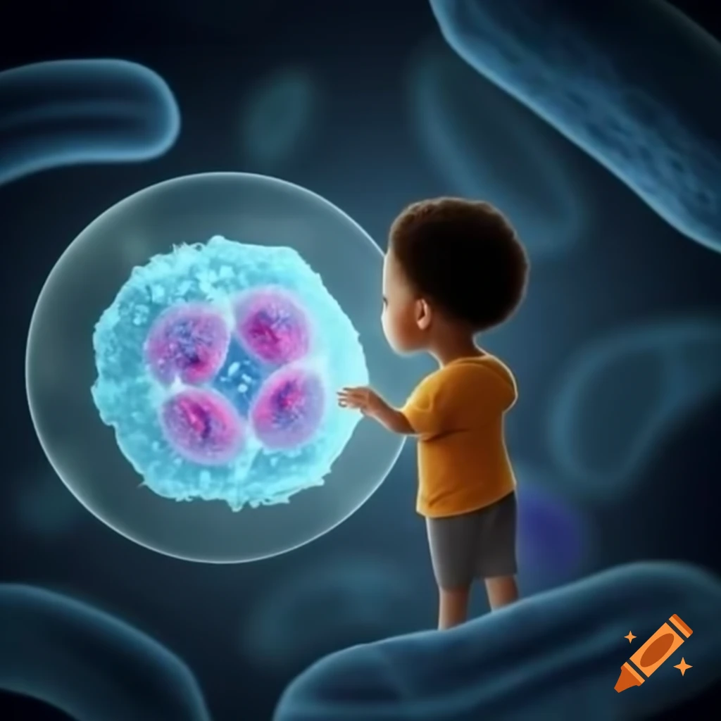 Boy interacting with ribosome inside cell