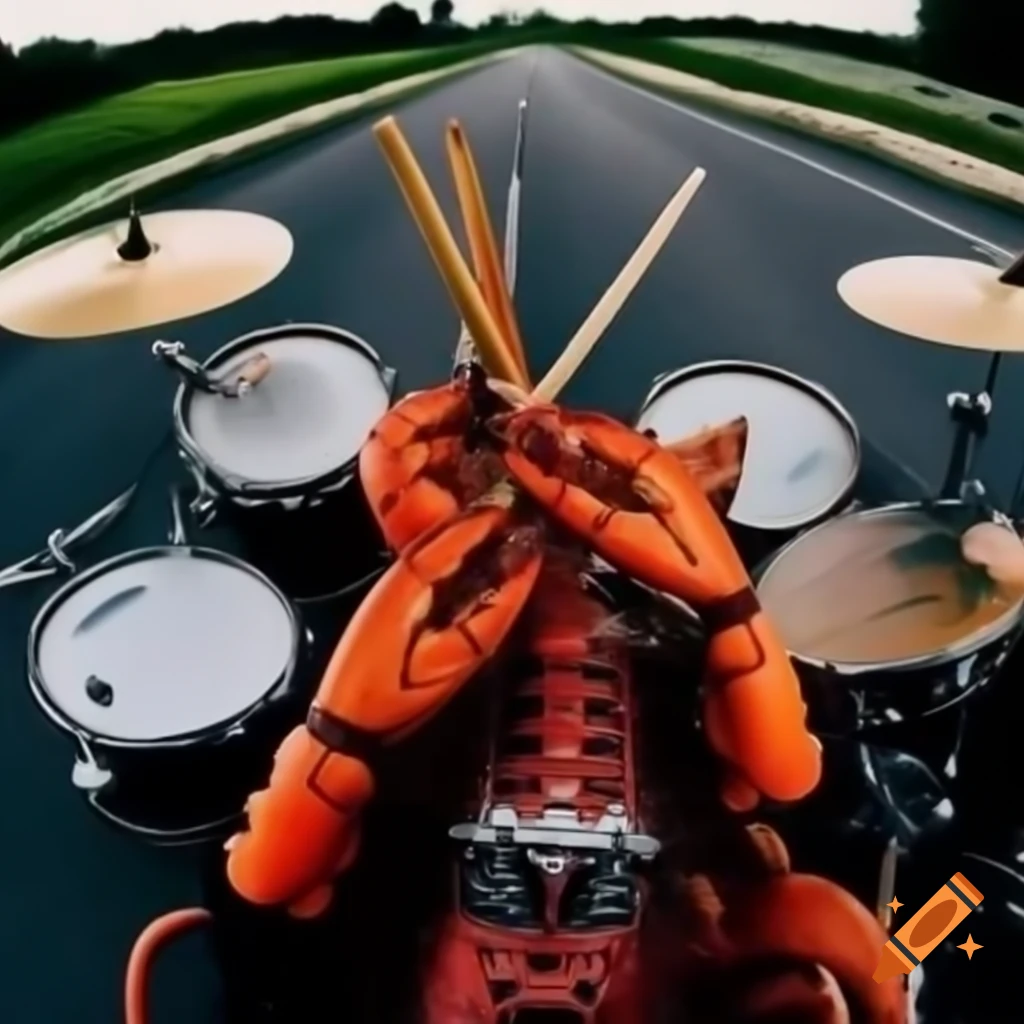 Crayfish playing drums on road with Gibson guitar in foreground