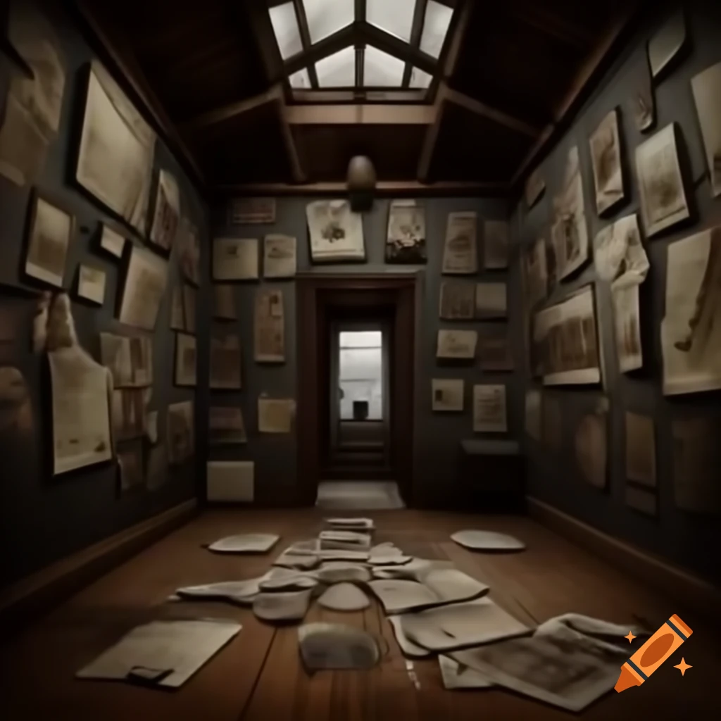 Realistic scary house interior with demonic drawings on walls