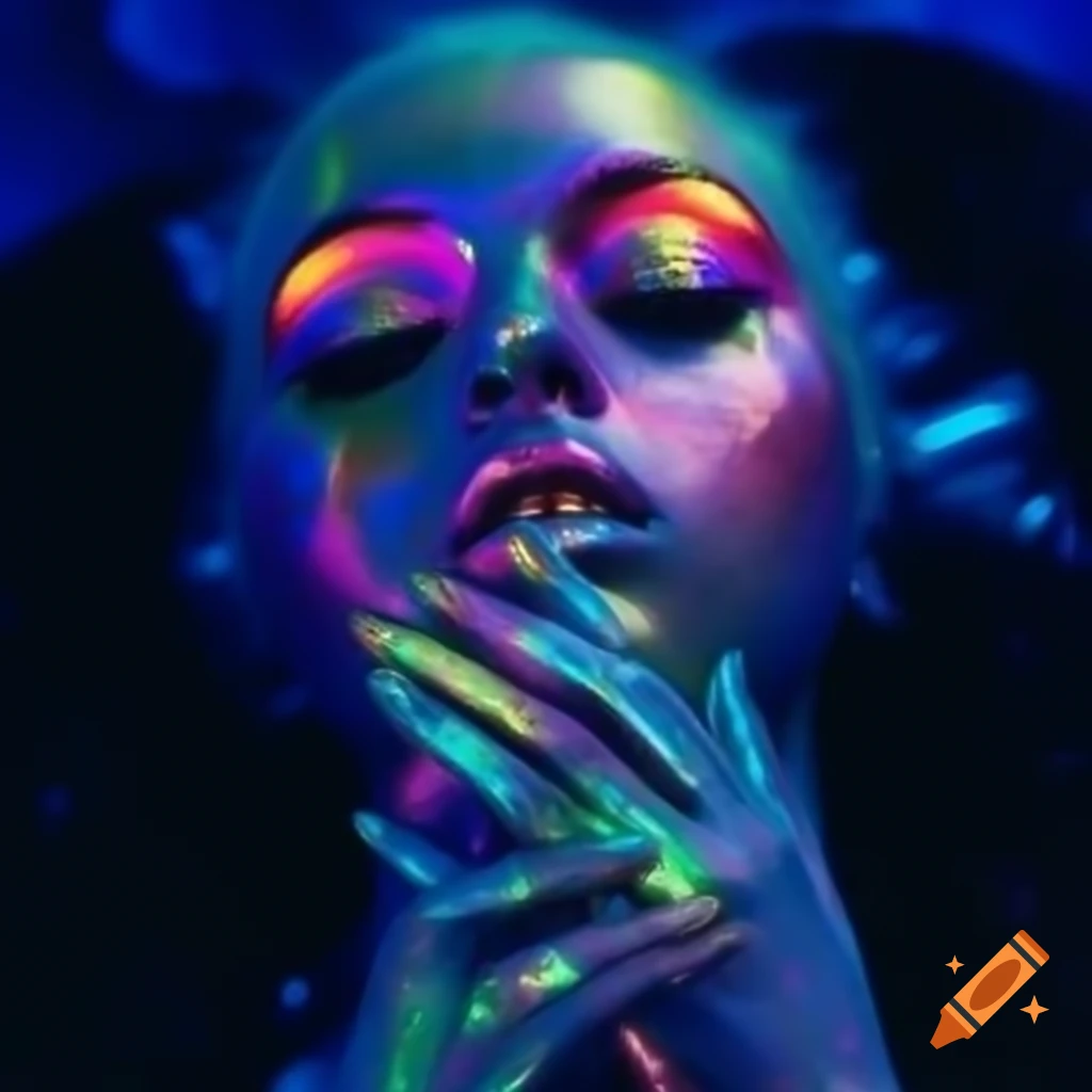Psychedelic couple in 2000's pop surreal style with iridescent glass statue