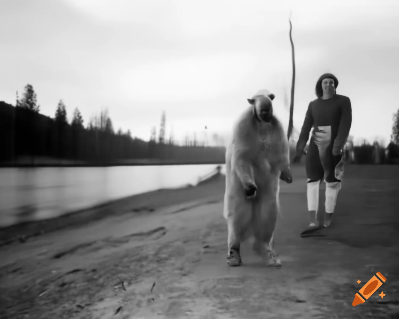 1967 found footage of mysterious bipedal creature walking upright in river