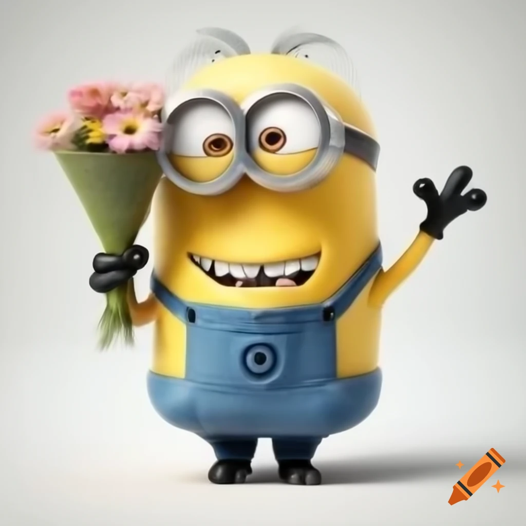 Minions Bob happily holding bouquet of flowers on white background