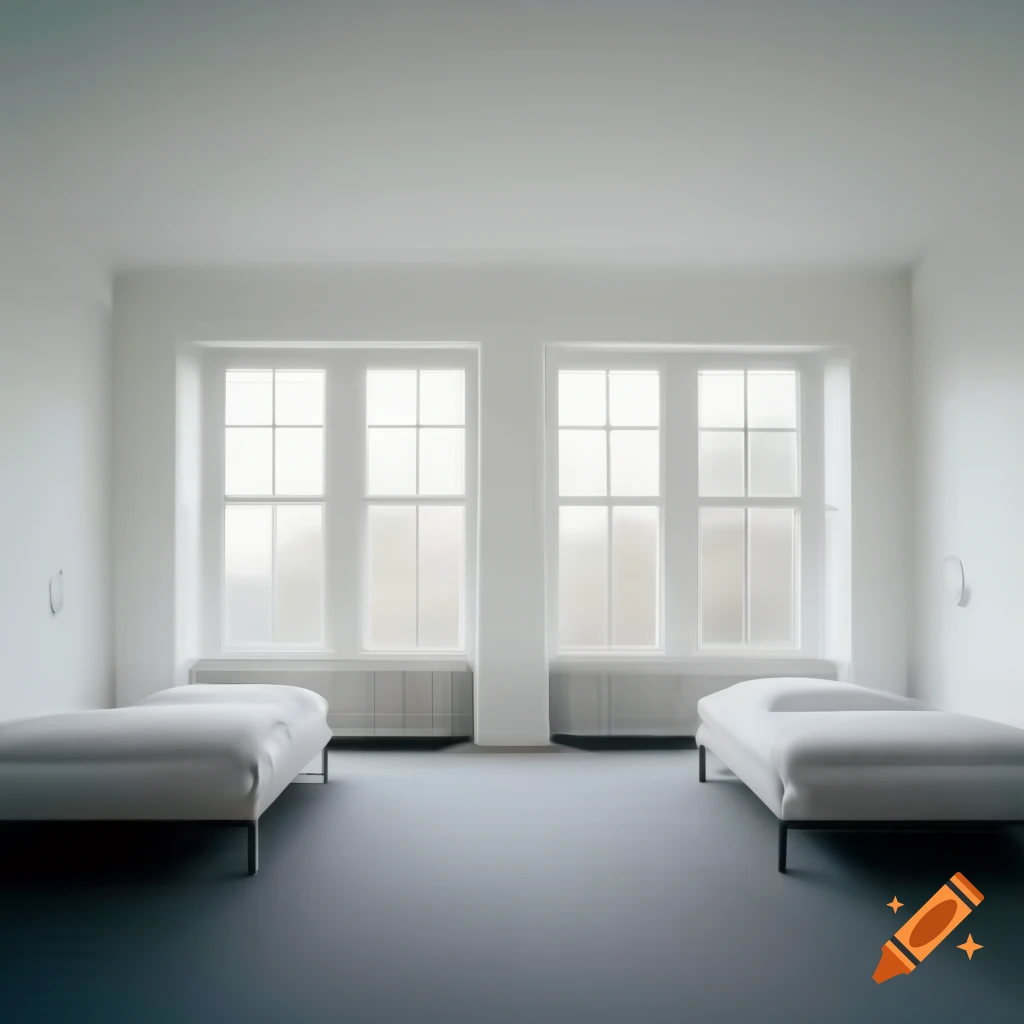 Minimalist white room with gray carpet and two single beds in corners