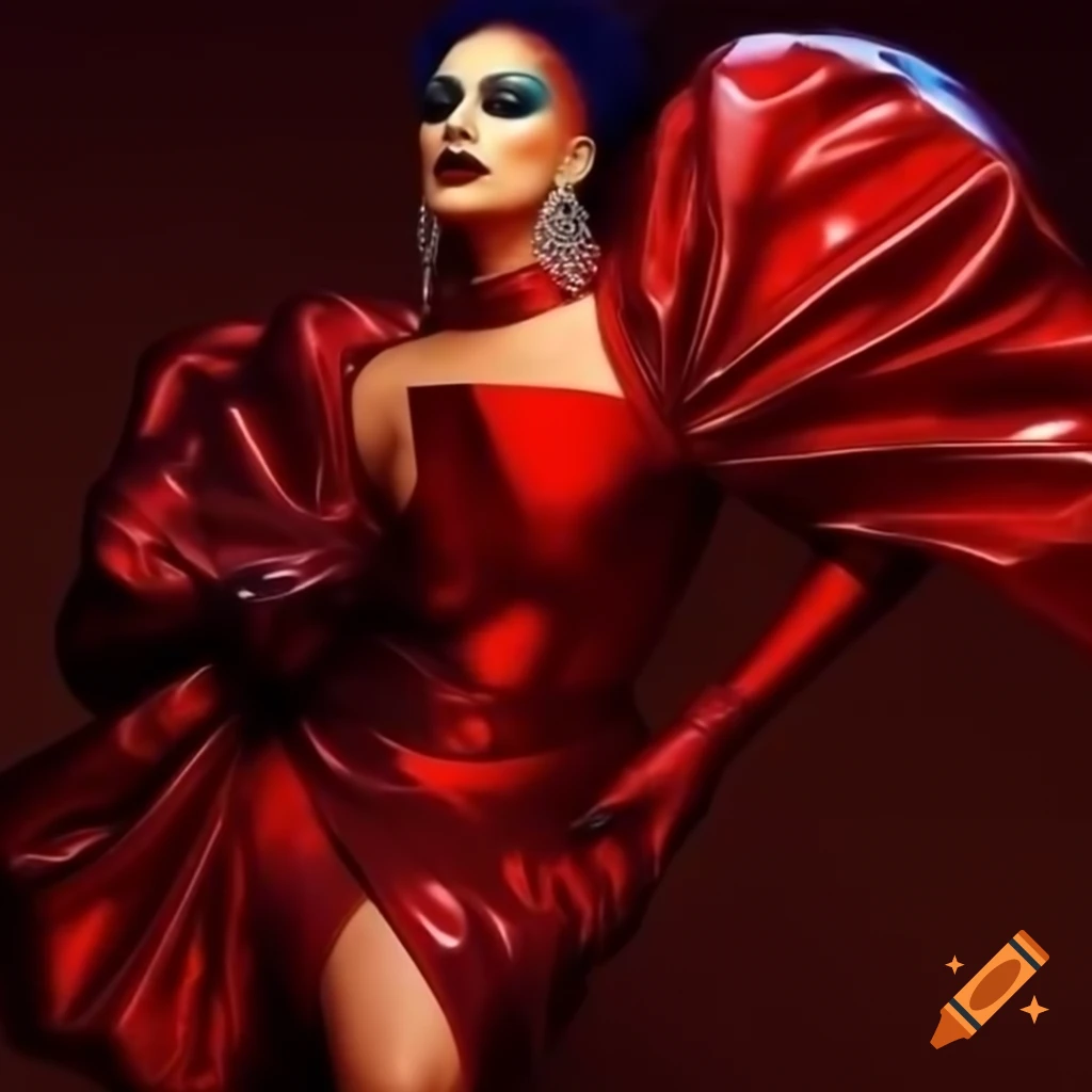 Fierce red metallic dress with cutouts worn by drag queen Amber Alert