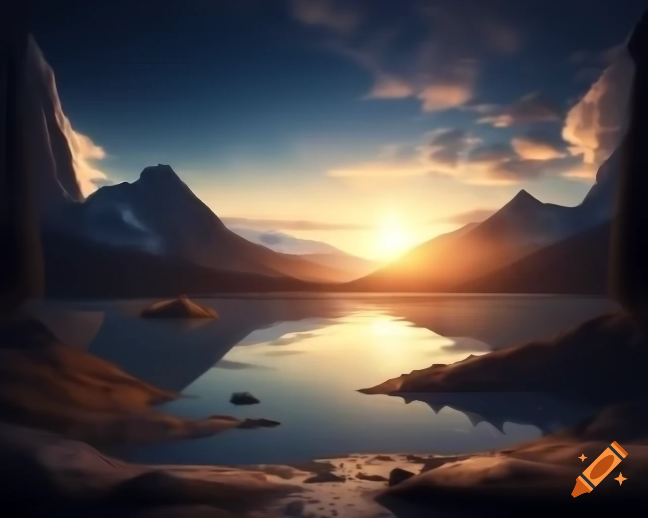 Photorealistic 3D render of mountain lake at sunset with sun rays and island