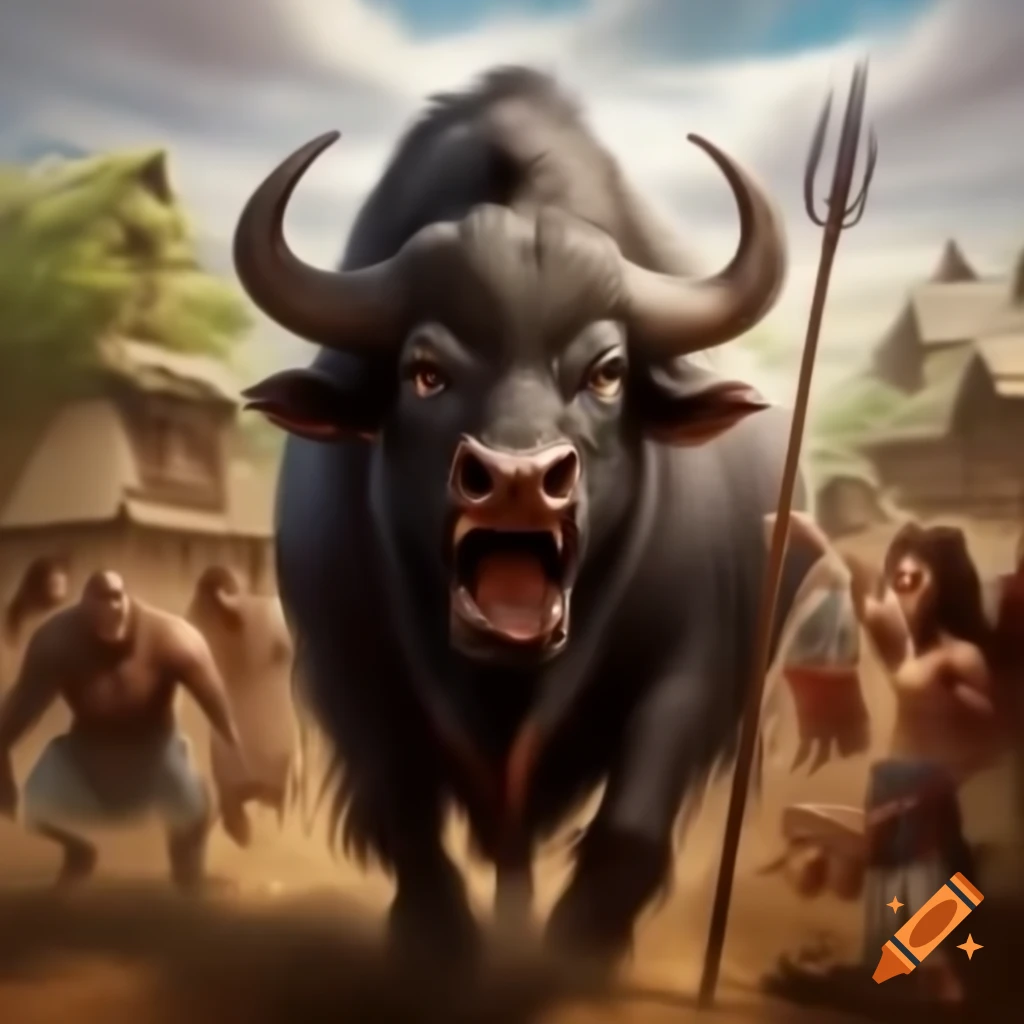Fierce buffalo entering village scene with panicking villagers and warrior in background