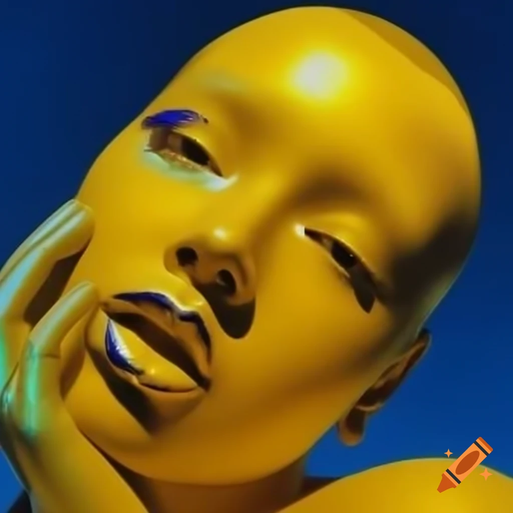Pop surreal 2000's photography featuring iridescent yellow glass statue