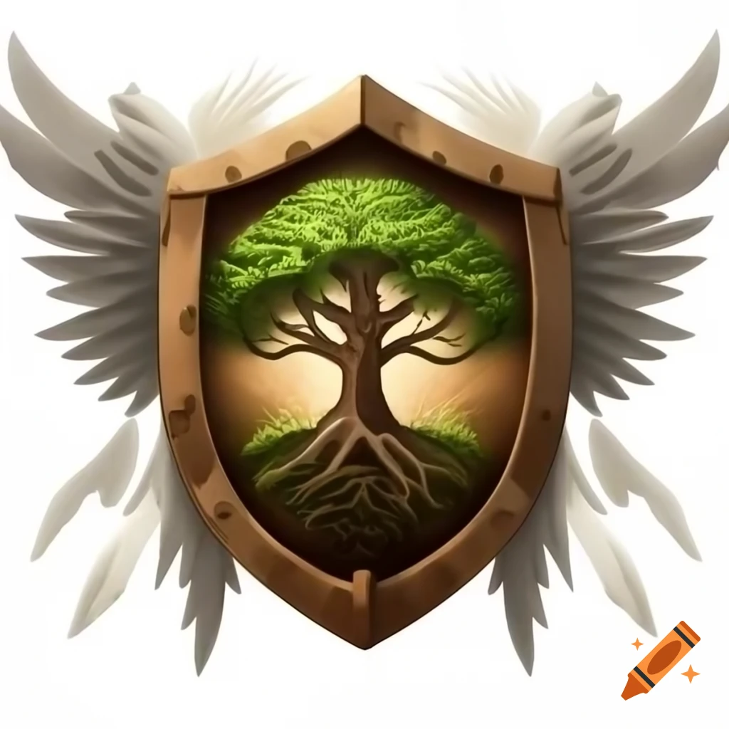 Wooden shield with ancient tree crest surrounded by angelic wings