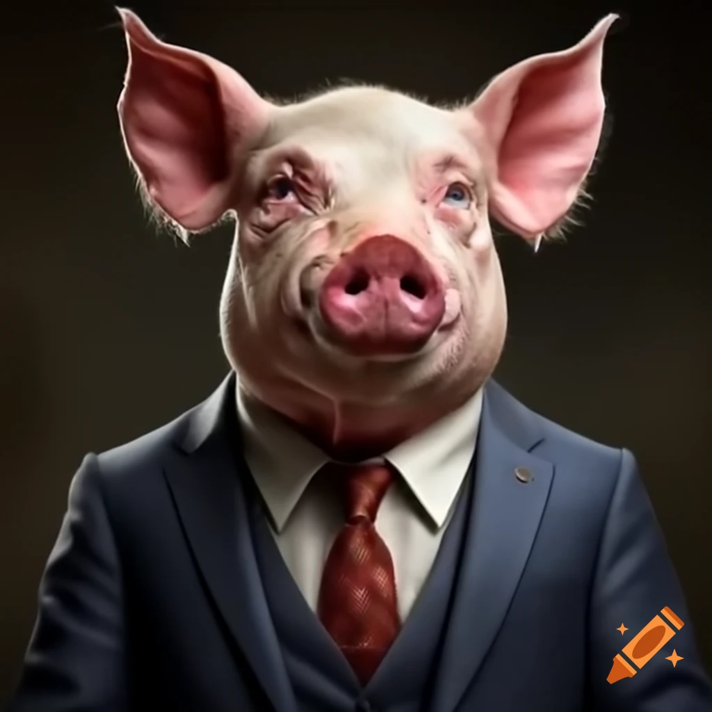 Man in a suit with a pig's head, surreal depiction