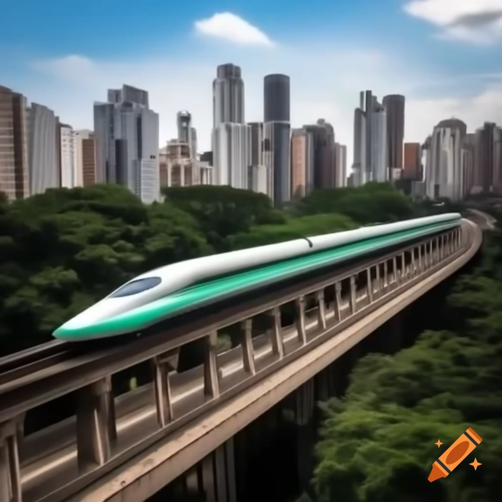 High-speed TAV train near Ibirapuera Park in São Paulo, with elevated tracks and greenery