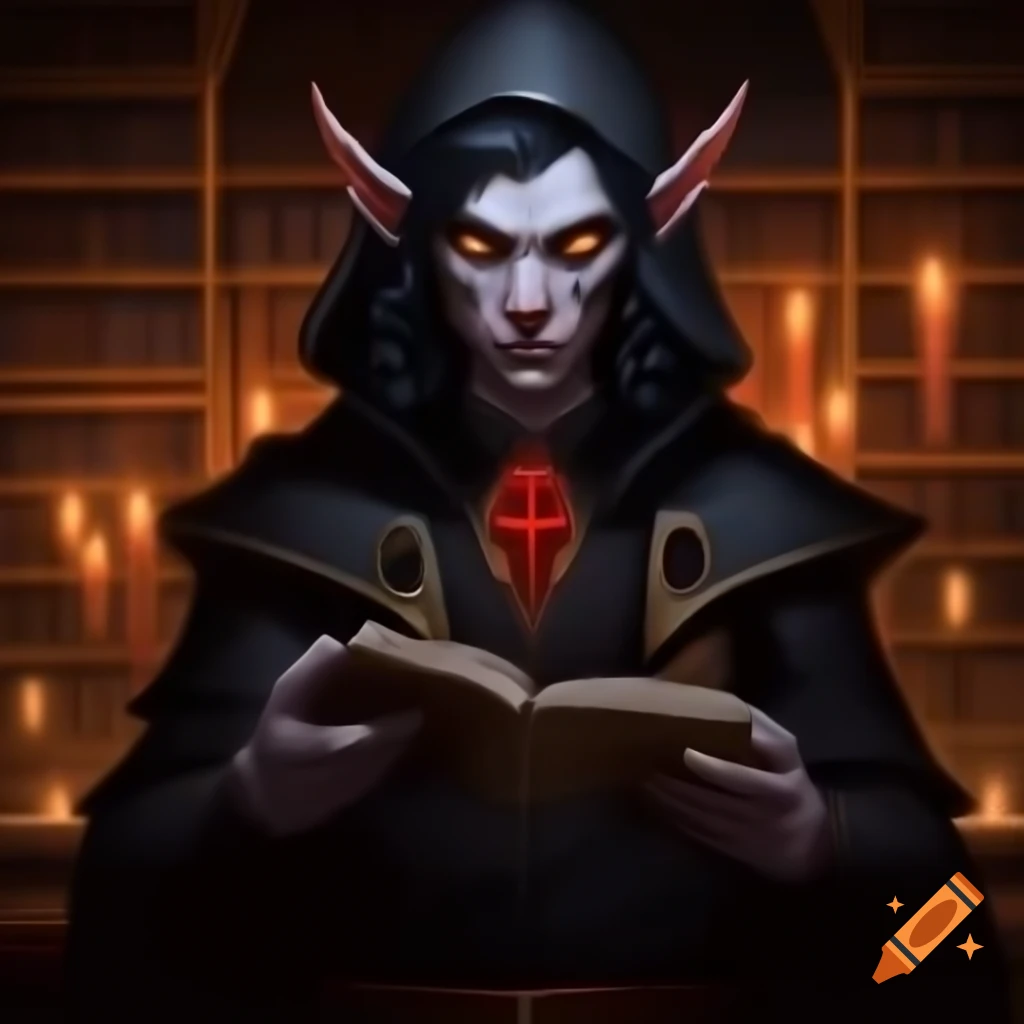 Dark fantasy illustration of male Tiefling warlock with red skin and glowing yellow eyes
