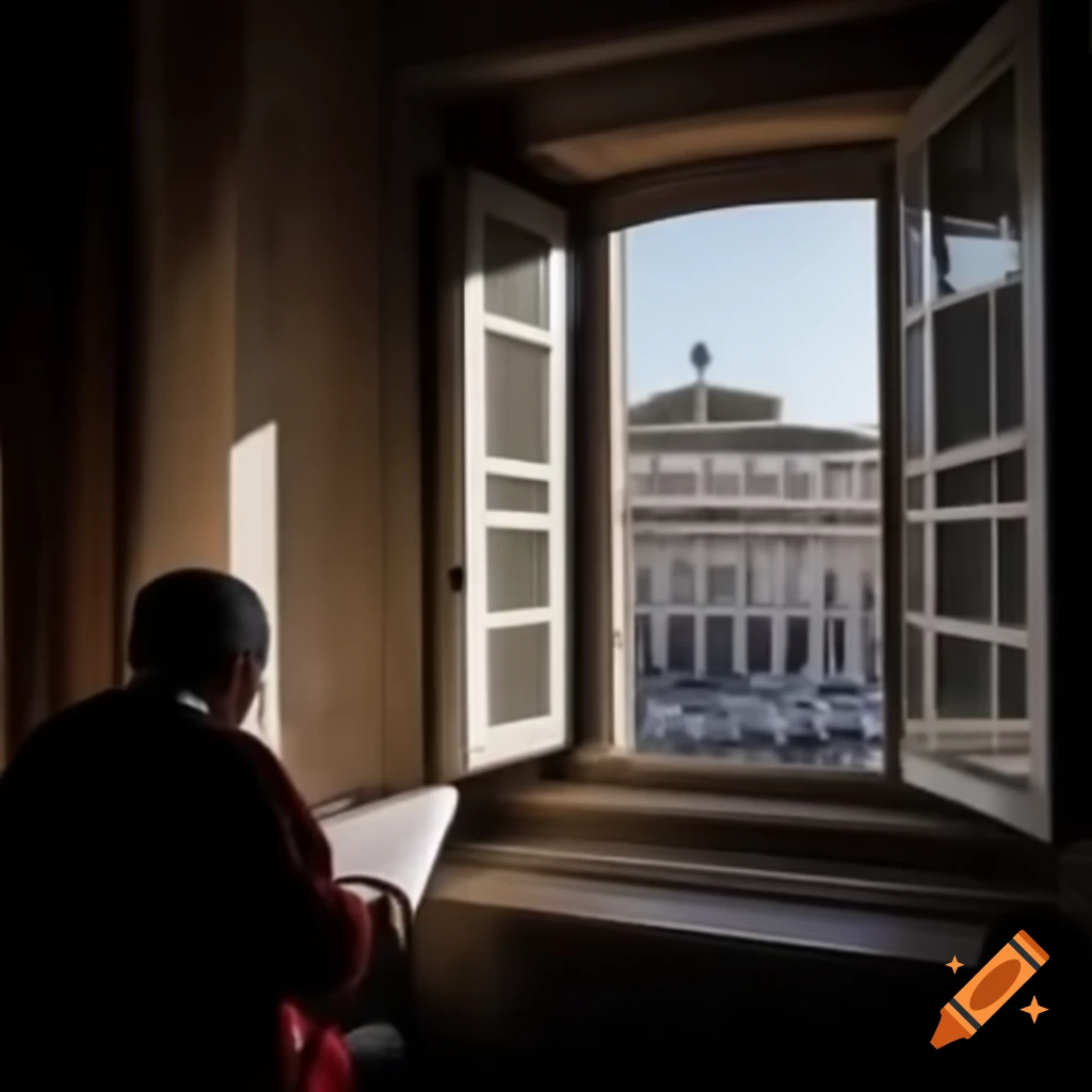Scène de du Bellay contemplant Rome depuis une fenêtre avec des symboles français en arrière-plan