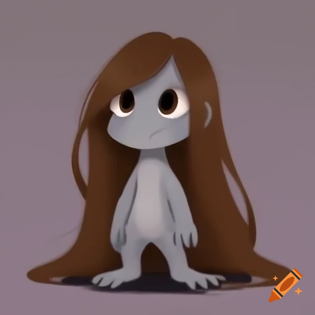 Anthropomorphic gray lizard girl cartoon with long brown hair covering one eye