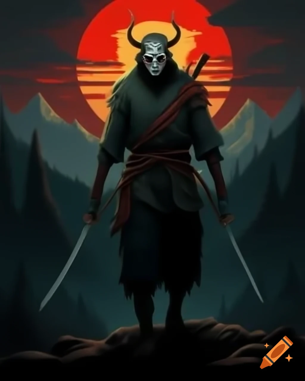 Ninja with ghost mask and dual blades in mountain forest against red sun, dark fantasy
