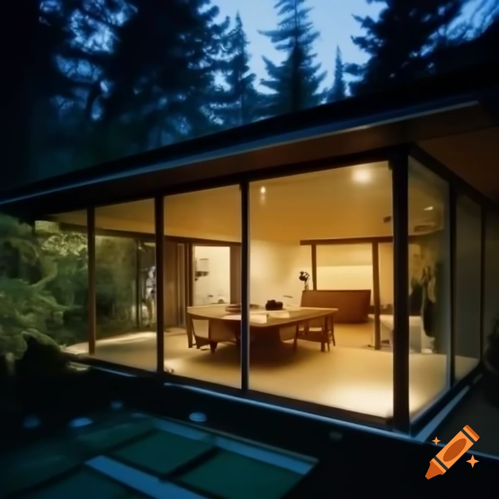 1960s-style bungalow living room with glazed wall and samurai swords