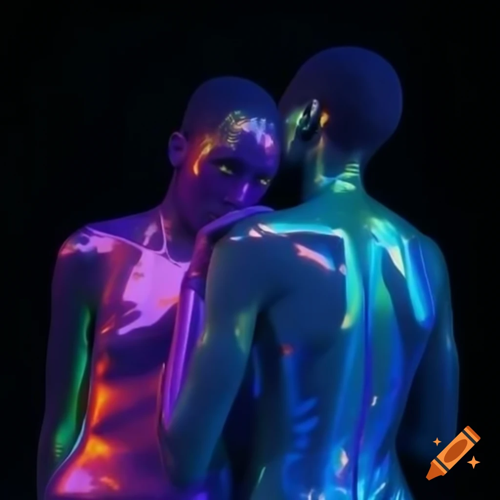 Psychedelic couple with iridescent glass statue in vibrant 2000's photography style
