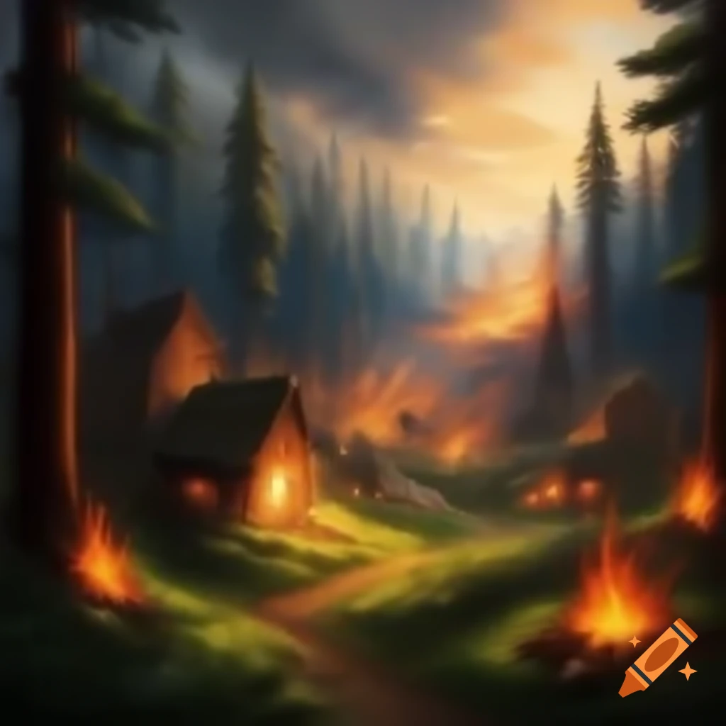 Burning village in a forest setting
