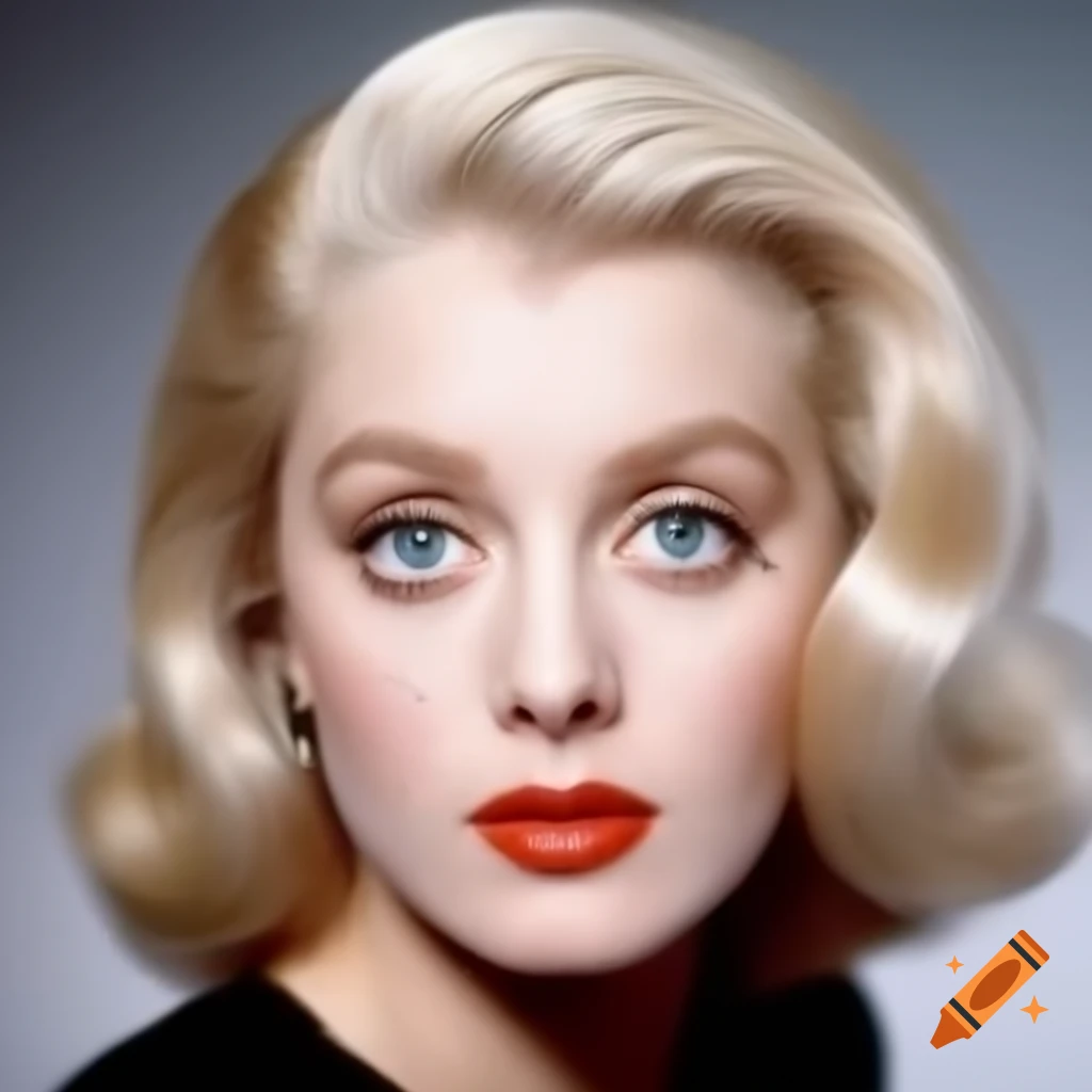 Hyper-realistic photograph of a charming European actress from 1963 with porcelain skin and blue eyes