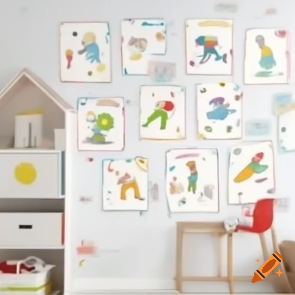 Wall adorned with colorful children's drawings