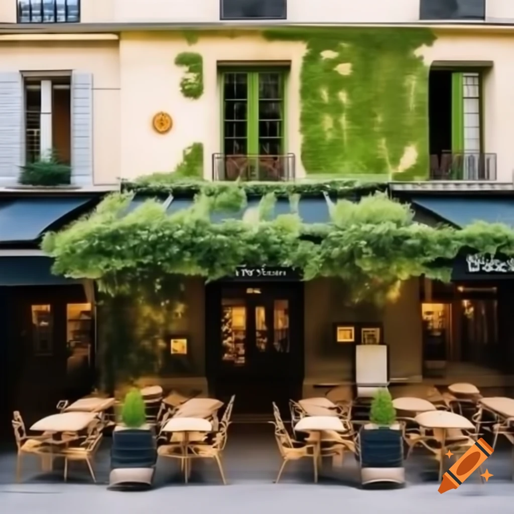 Charming cafe exterior with French architecture and potted plants